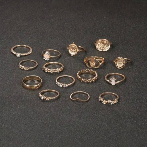 NEW 15pcs Gold Ring Set - Faith, Protection, Cross & Fatima’s Palm Vintage Style - Picture 2 of 4